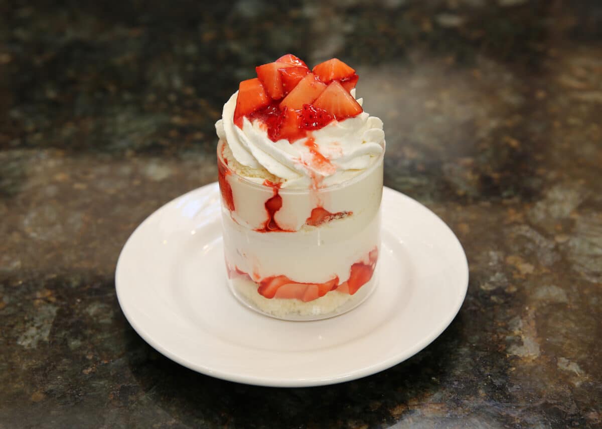 Strawberry Shortcake Trifle dessert featuring layers of minced strawberry, whipped cream, and shortcake at Tavern at Park.
